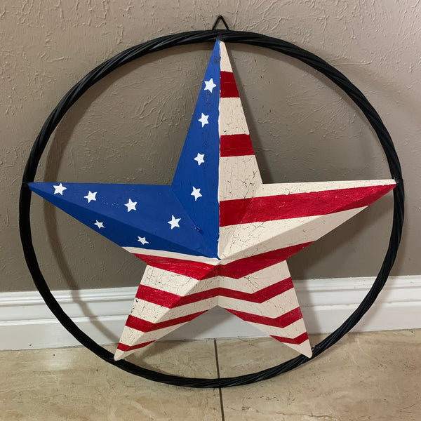 24" AMERICAN USA FLAG CRACKLE STAR METAL WALL ART WESTERN HOME DECOR HANDMADE NEW