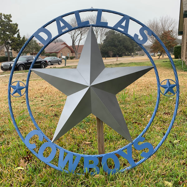 DALLAS COWBOYS SILVER & LIGHT BLUE BARN STAR CUSTOM VINTAGE METAL LONE STAR ART WESTERN HOME DECOR SIZE:24",32",36",40",42",44",46",50"
