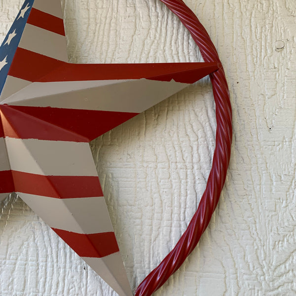 AMERICAN Flag USA Metal Barn Star RED , BEIGE, NAVY BLUE WITH RED Rope Ring Western Home Decor Handmade 12",16",24",30",34",36",40",48"