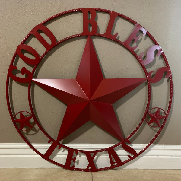 24",32",40",50" BURGUNDY RED GOD BLESS TEXAS BARN STAR ROPE RING METAL WALL ART WESTERN HOME DECOR NEW