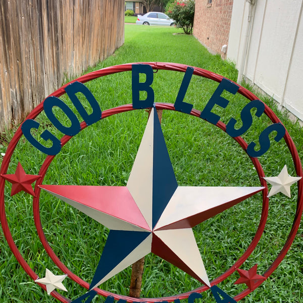 #EH10489 GOD BLESS AMERICA USA FLAG BARN STAR METAL RED WHITE BLUE WESTER HOME DECOR HANDMADE NEW