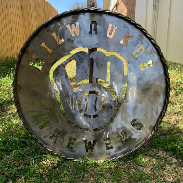 24" MILWAUKEE BREWERS RAW METAL WIDE BAND DISC STYLE CUSTOM METAL VINTAGE CRAFT TEAM SIGN HANDMADE