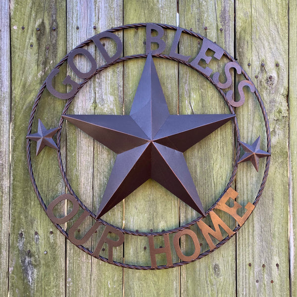 #EH11021 GOD BLESS OUR HOME BARN METAL STAR TWISTED ROPE RING WESTERN HOME DECOR HANDMADE NEW