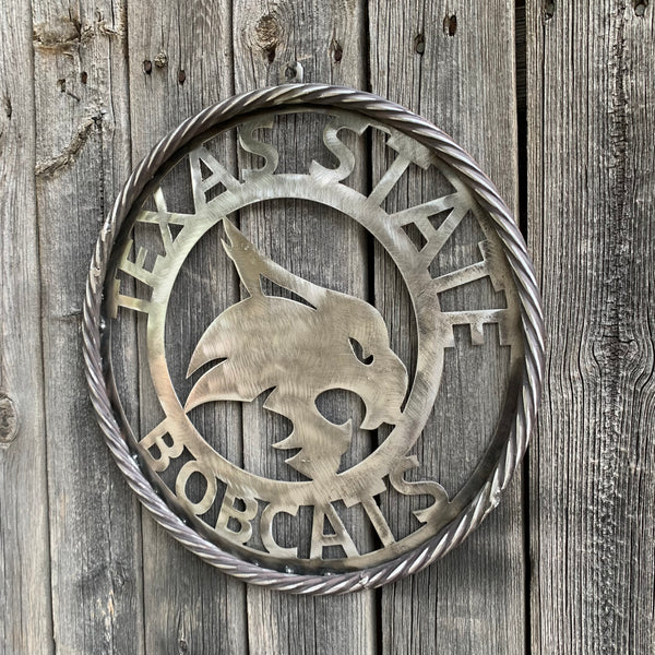 12" TEXAS STATE BOBCATS CUSTOM RAW METAL VINTAGE CRAFT SIGN TEAM ART HANDMADE IN TEXAS