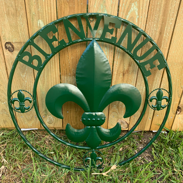 24", 32" GLOSSY HUNTER GREEN FLEUR DE LIS BIENVENUE METAL WALL ART WESTERN HOME DECOR