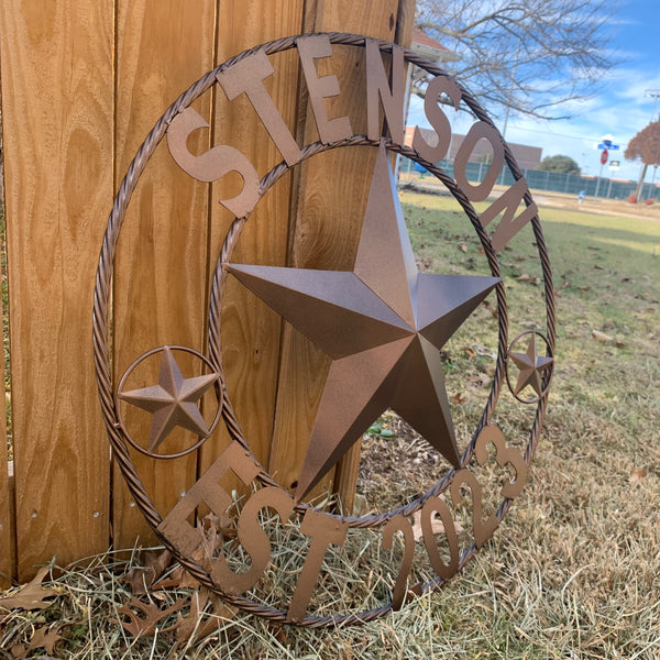 STENSON STYLE YOUR CUSTOM STAR NAME BARN METAL STAR 3d TWISTED ROPE RING WESTERN HOME DECOR RUSTIC BRONZE COPPER NEW HANDMADE 24",32",34",36",40",42",44",46",50"