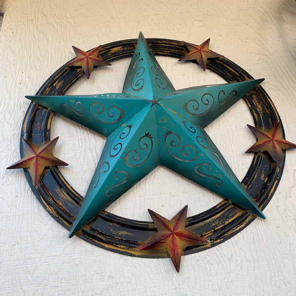 #RT5045 TURQUOISE CARVED CUT STAR 26",36", BARN METAL WESTERN HOME DECOR HANDMADE NEW