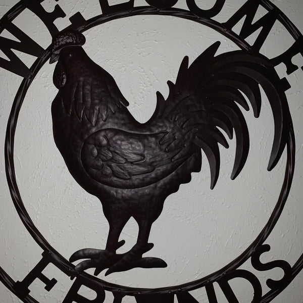 24" WELCOME FRIENDS ROOSTER WESTERN METAL ANIMAL ART HOME WALL ART RUSTIC BROWN COLOR