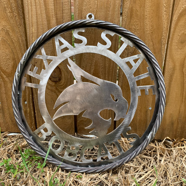 12" TEXAS STATE BOBCATS CUSTOM RAW METAL VINTAGE CRAFT SIGN TEAM ART HANDMADE IN TEXAS