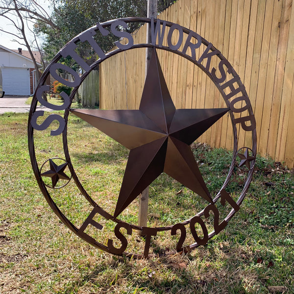 YOUR CUSTOM WORKSHOP NAME STAR METAL BARN STAR ROPE RING WESTERN HOME DECOR VINTAGE RUSTIC BROWN NEW HANDMADE 24",32",36",40",42",44",46",50"