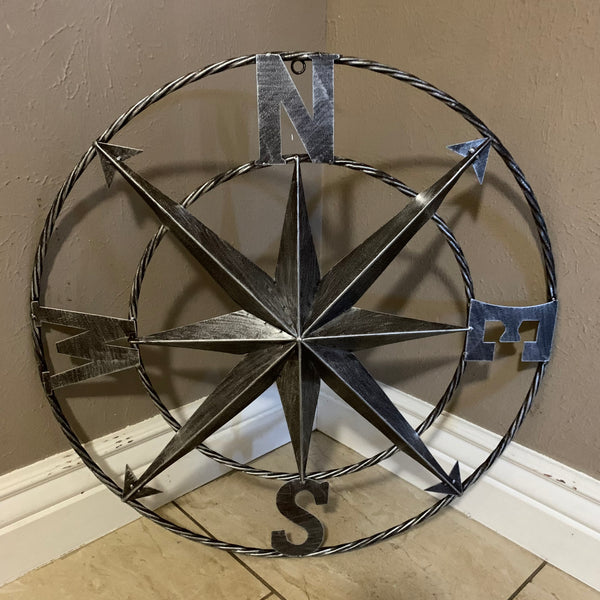 #SI_B8235 COMPASS 24" GREY METAL SIGN WESTERN HOME DECOR HANDMADE NEW