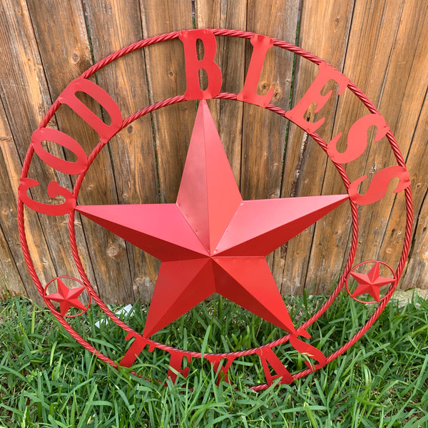 24",32",40",50" BURGUNDY RED GOD BLESS TEXAS BARN STAR ROPE RING METAL WALL ART WESTERN HOME DECOR NEW