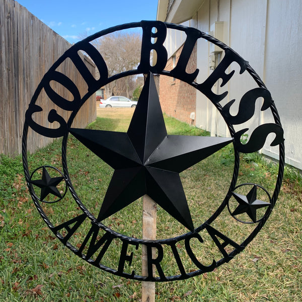 #EH10562 GOD BLESS AMERICA BLACK METAL BARN LONE STAR WESTERN HOME DECOR HANDMADE NEW
