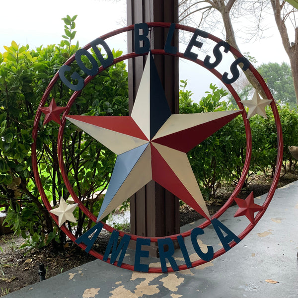 #EH10489 GOD BLESS AMERICA USA FLAG BARN STAR METAL RED WHITE BLUE WESTER HOME DECOR HANDMADE NEW