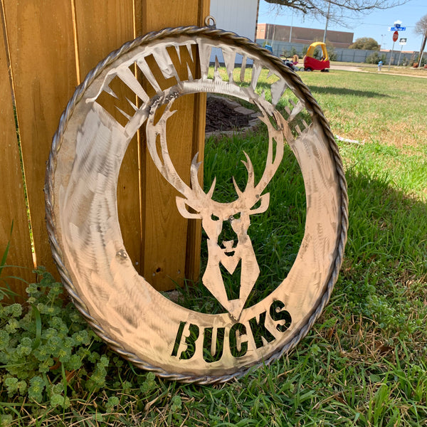 24" MILWAUKEE BUCKS RAW METAL WIDE BAND DISC STYLE METAL CUSTOM VINTAGE CRAFT TEAM SPORTS SIGN HANDMADE