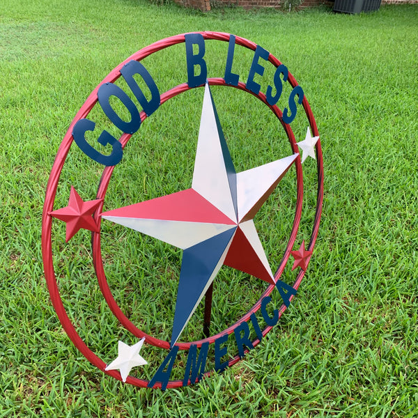 #EH10489 GOD BLESS AMERICA USA FLAG BARN STAR METAL RED WHITE BLUE WESTER HOME DECOR HANDMADE NEW