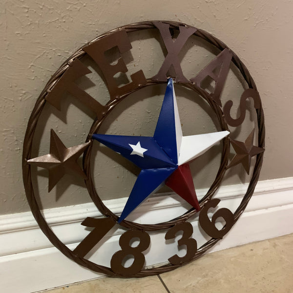 16" TEXAS 1836 RED WHITE BLUE TEXAS FLAG STAR BRONZE RING METAL BARN STAR WESTERN HOME DECOR HANDMADE NEW ART