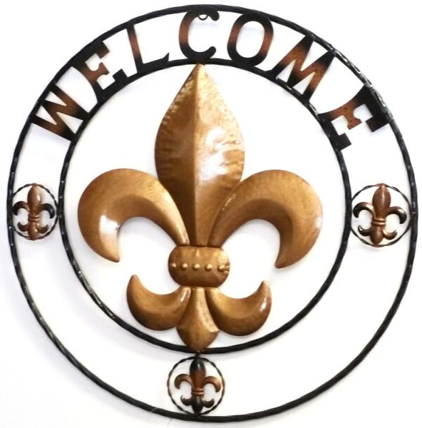 24", 32" WELCOME FLEUR DE LIS METAL WALL ART WESTERN HOME DECOR GOLD & BLACK