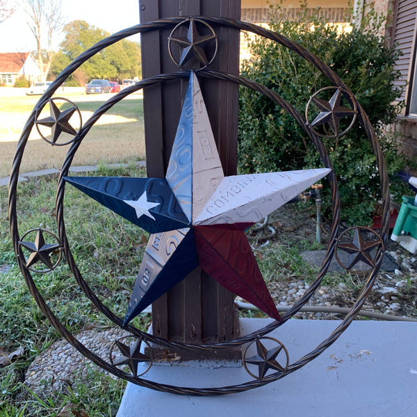 24" LICENSE PLATE MULTI STAR RED WHITE BLUE METAL BARN STAR WESTERN HOME DECOR NEW