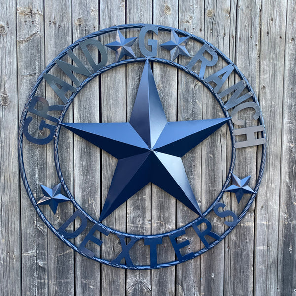 GRAND G RANCH STYLE CUSTOM NAME STAR RUSTIC NAVY BLUE METAL BARN STAR ROPE RING WESTERN HOME DECOR HANDMADE