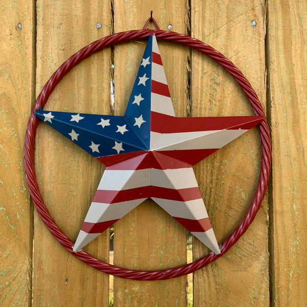 AMERICAN Flag USA Metal Barn Star RED , BEIGE, NAVY BLUE WITH RED Rope Ring Western Home Decor Handmade 12",16",24",30",34",36",40",48"