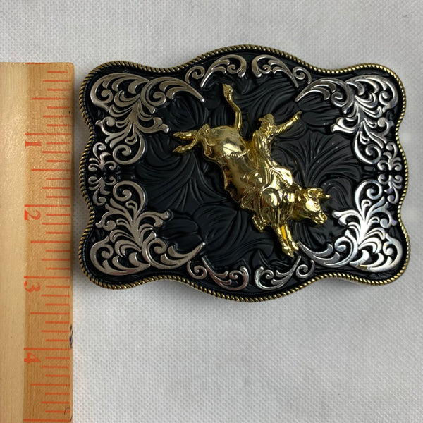 4.5" X 3.5" RODEO BELT BUCKLE BLACK SILVER & GOLD WESTERN BUCKLE FASHION ART NEW #EH12269