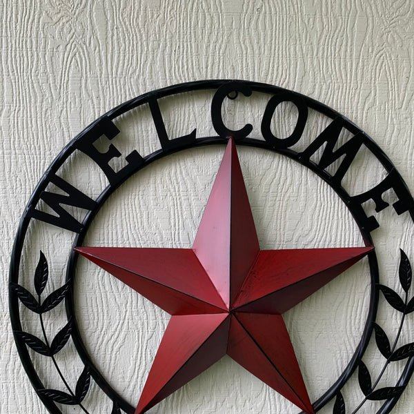 24" WELCOME LEAF LEAVES STAR METAL WALL ART WESTERN HOME DECOR RUSTIC RED HANDMADE
