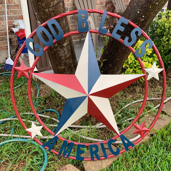 #EH10489 GOD BLESS AMERICA USA FLAG BARN STAR METAL RED WHITE BLUE WESTER HOME DECOR HANDMADE NEW