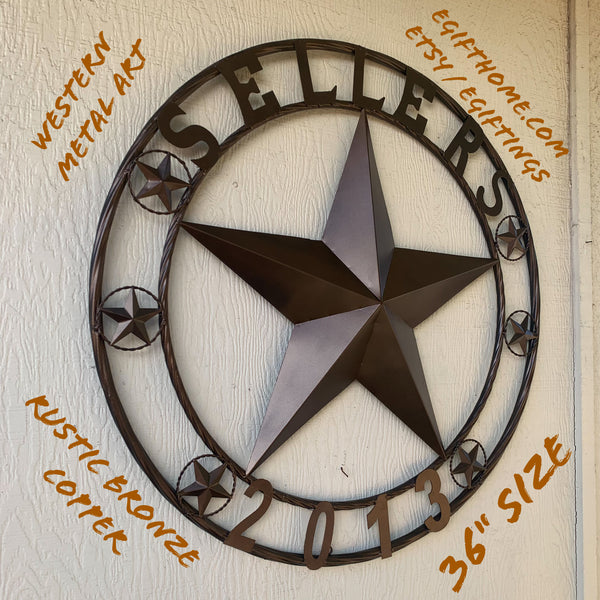 SELLERS STYLE CUSTOM STAR NAME BARN METAL STAR 3d TWISTED ROPE RING WESTERN HOME DECOR VINTAGE BRONZE RUSTIC NEW HANDMADE 24",32",34",36",40",42",44",46",50"