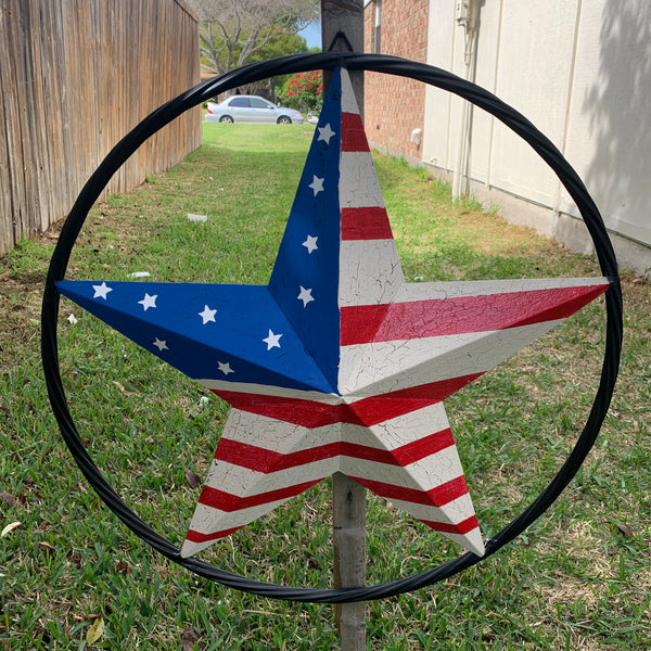 24" AMERICAN USA FLAG CRACKLE STAR METAL WALL ART WESTERN HOME DECOR HANDMADE NEW