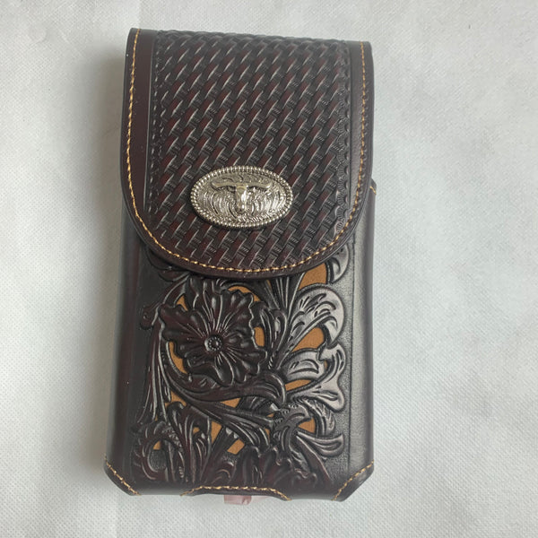 #LG2002 7.5" LONGHORN COFFEE BROWN & BEIGE  LEATHER POUCH EXTRA LARGE  BELT LOOP HOLSTER CELL PHONE CASE UNIVERSAL OVERSIZE