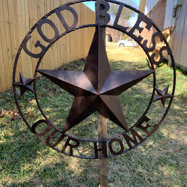 #EH11021 GOD BLESS OUR HOME BARN METAL STAR TWISTED ROPE RING WESTERN HOME DECOR HANDMADE NEW