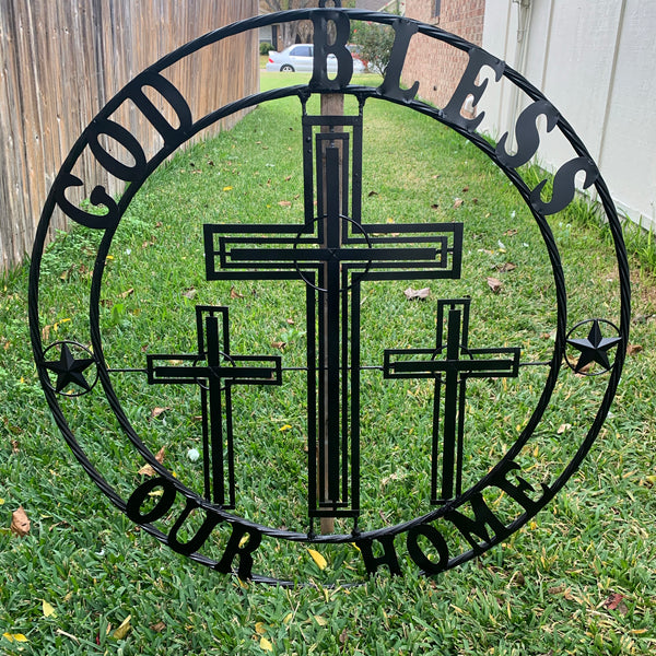 40"GOD BLESS OUR HOME CRUCIFIX CROSS METAL WALL ART BLACK HANDMADE NEW