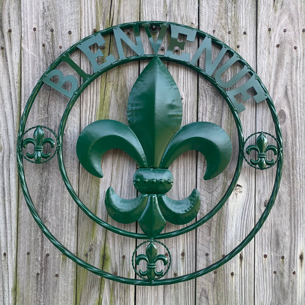 24", 32" GLOSSY HUNTER GREEN FLEUR DE LIS BIENVENUE METAL WALL ART WESTERN HOME DECOR