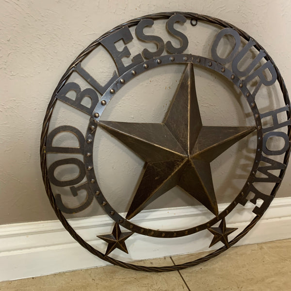 24" GOD BLESS OUR HOME BEADED BARN STAR WITH TWISTED ROPE RING DESIGN METAL WALL ART WESTERN HOME DECOR VINTAGE RUSTIC DARK BRONZE COPPER NEW