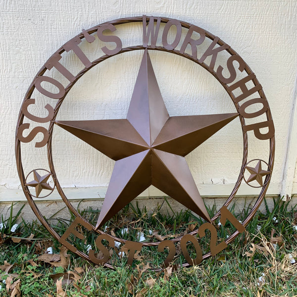 YOUR CUSTOM WORKSHOP NAME STAR METAL BARN STAR ROPE RING WESTERN HOME DECOR VINTAGE RUSTIC BROWN NEW HANDMADE 24",32",36",40",42",44",46",50"