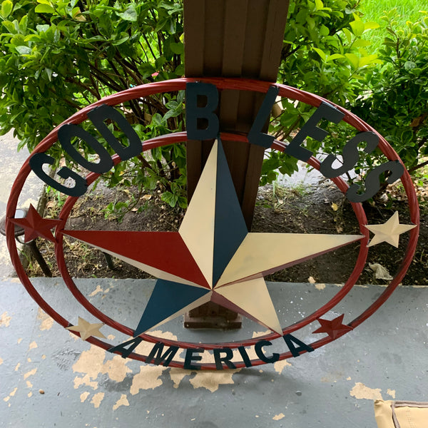 #EH10489 GOD BLESS AMERICA USA FLAG BARN STAR METAL RED WHITE BLUE WESTER HOME DECOR HANDMADE NEW