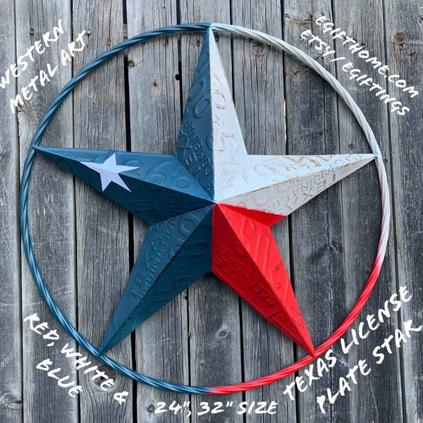 24" TEXAS LICENSE PLATE FLAG RED WHITE BLUE BARN STAR WESTERN HOME DECOR METAL ART VINTAGE RUSTIC RED WHITE & BLUE ART