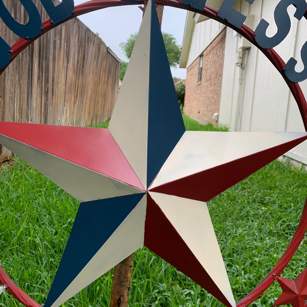 #EH10489 GOD BLESS AMERICA USA FLAG BARN STAR METAL RED WHITE BLUE WESTER HOME DECOR HANDMADE NEW