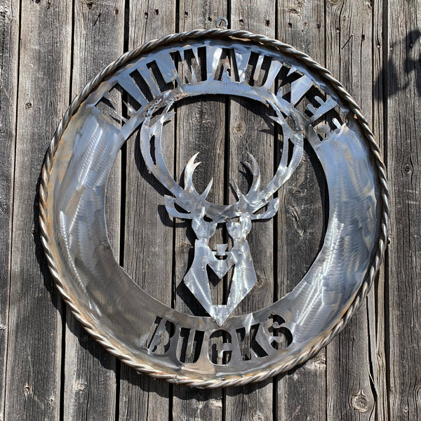 24" MILWAUKEE BUCKS RAW METAL WIDE BAND DISC STYLE METAL CUSTOM VINTAGE CRAFT TEAM SPORTS SIGN HANDMADE