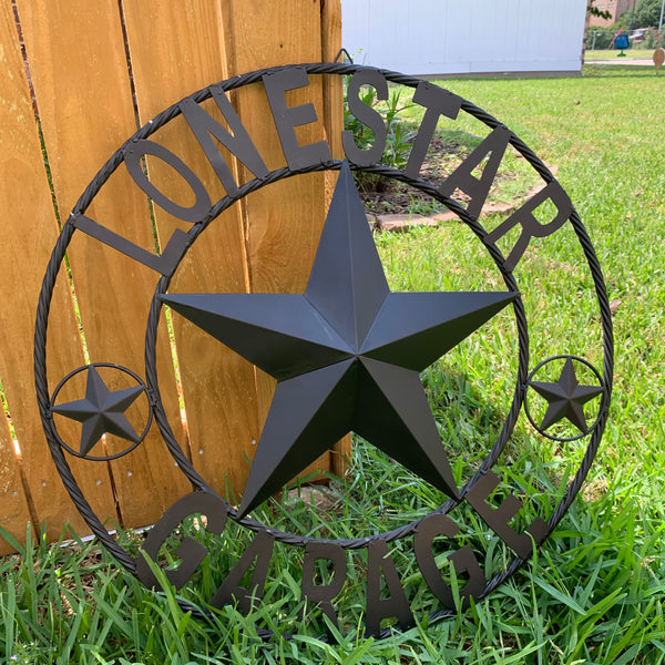 LONESTAR GARAGE STYLE CUSTOM BARN NAME STAR LONESTAR GARAGE METAL NAME BARN STAR WITH TWISTED ROPE RING 3d STAR ART WESTERN HOME DECOR RUSTIC BROWN