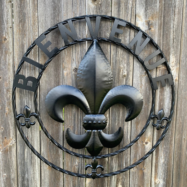 24", 32" GLOSSY BLACK BIENVENUE FLEUR DE LIS METAL WALL ART WESTERN HOME DECOR NEW