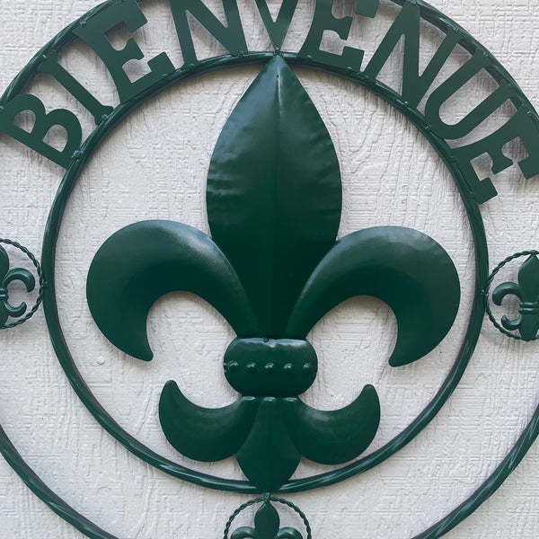 24", 32" GLOSSY HUNTER GREEN FLEUR DE LIS BIENVENUE METAL WALL ART WESTERN HOME DECOR