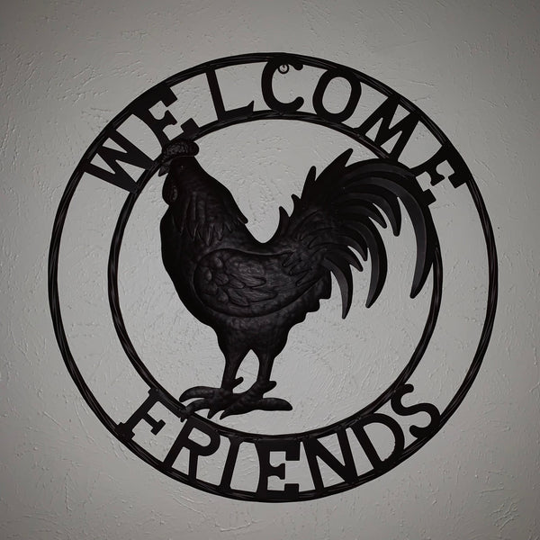 24" WELCOME FRIENDS ROOSTER WESTERN METAL ANIMAL ART HOME WALL ART RUSTIC BROWN COLOR