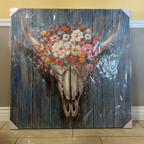 RA0129 40"x40" COWSKULL WITH FLOWER CANVAS PAINTING PICTURE WESTERN COUNTRY HOME DECOR HANDMADE WALL ART NEW