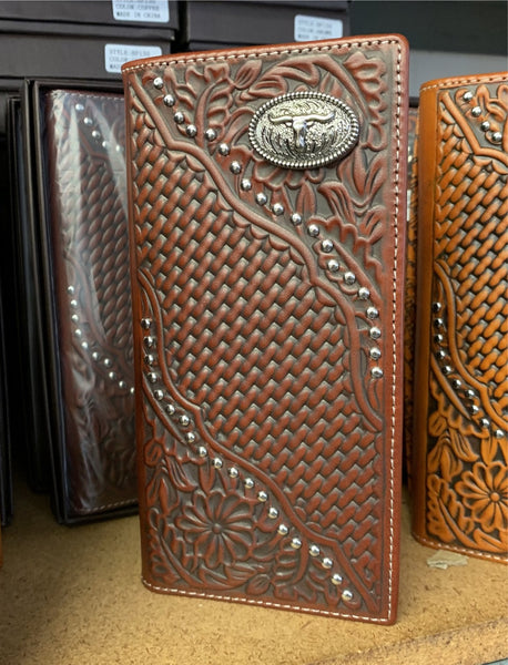 #LG LONGHORN GENUINE LEATHER WESTERN CHECKBOOK MEN'S WALLET WESTERN FASHION --FREE SHIPPING