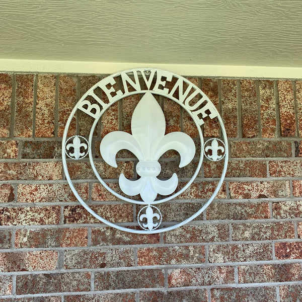 24", 32" GLOSS WHITE FLEUR DE LIS BIENVENUE METAL WALL ART WESTERN HOME DECOR