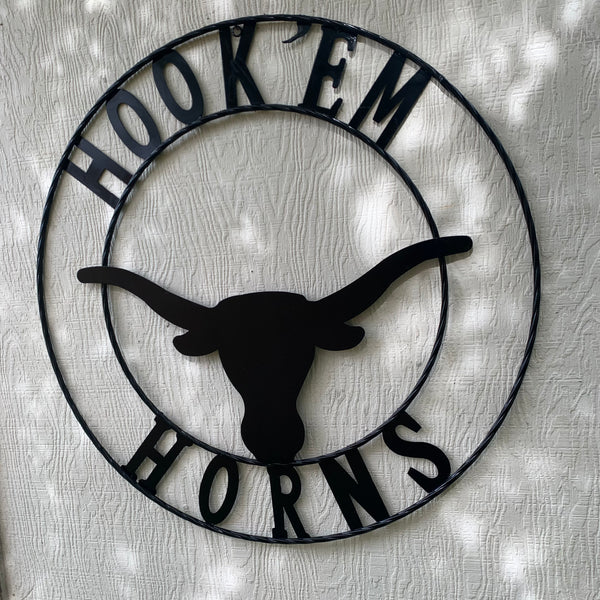 HOOKEM HORNS GLOSSY BLACK TEXAS LONGHORNS HOOK EM METAL CUSTOM VINTAGE CRAFT WALL ART TEAM SIGN HANDMADE