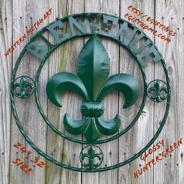 24", 32" GLOSSY HUNTER GREEN FLEUR DE LIS BIENVENUE METAL WALL ART WESTERN HOME DECOR