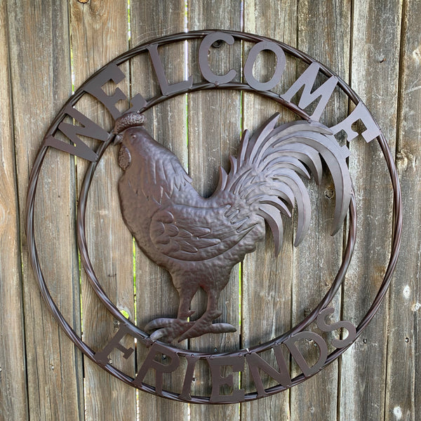 24" WELCOME FRIENDS ROOSTER WESTERN METAL ANIMAL ART HOME WALL ART RUSTIC BROWN COLOR